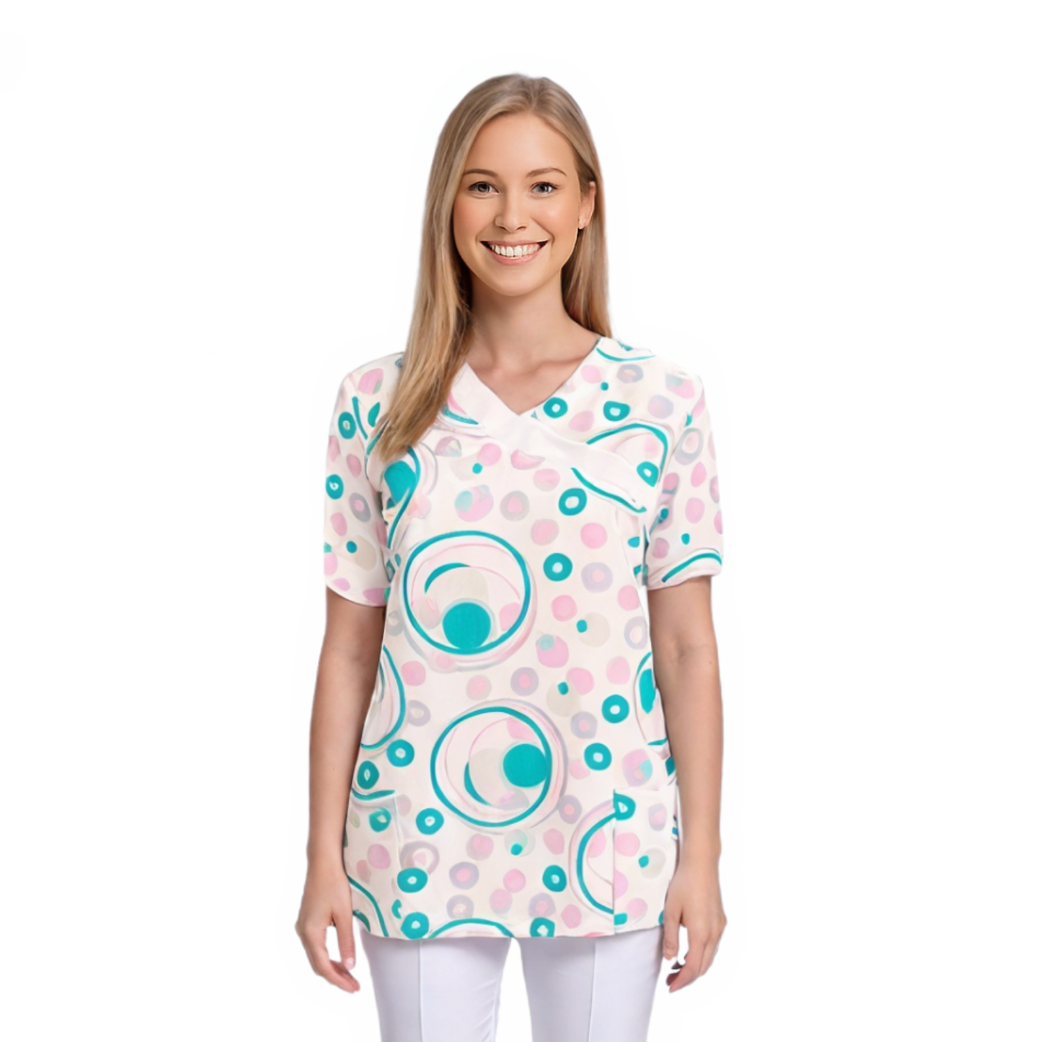 Дамска туника - кръгове с бяла гарнитура, модел FVDL – Медицински облекла Кали