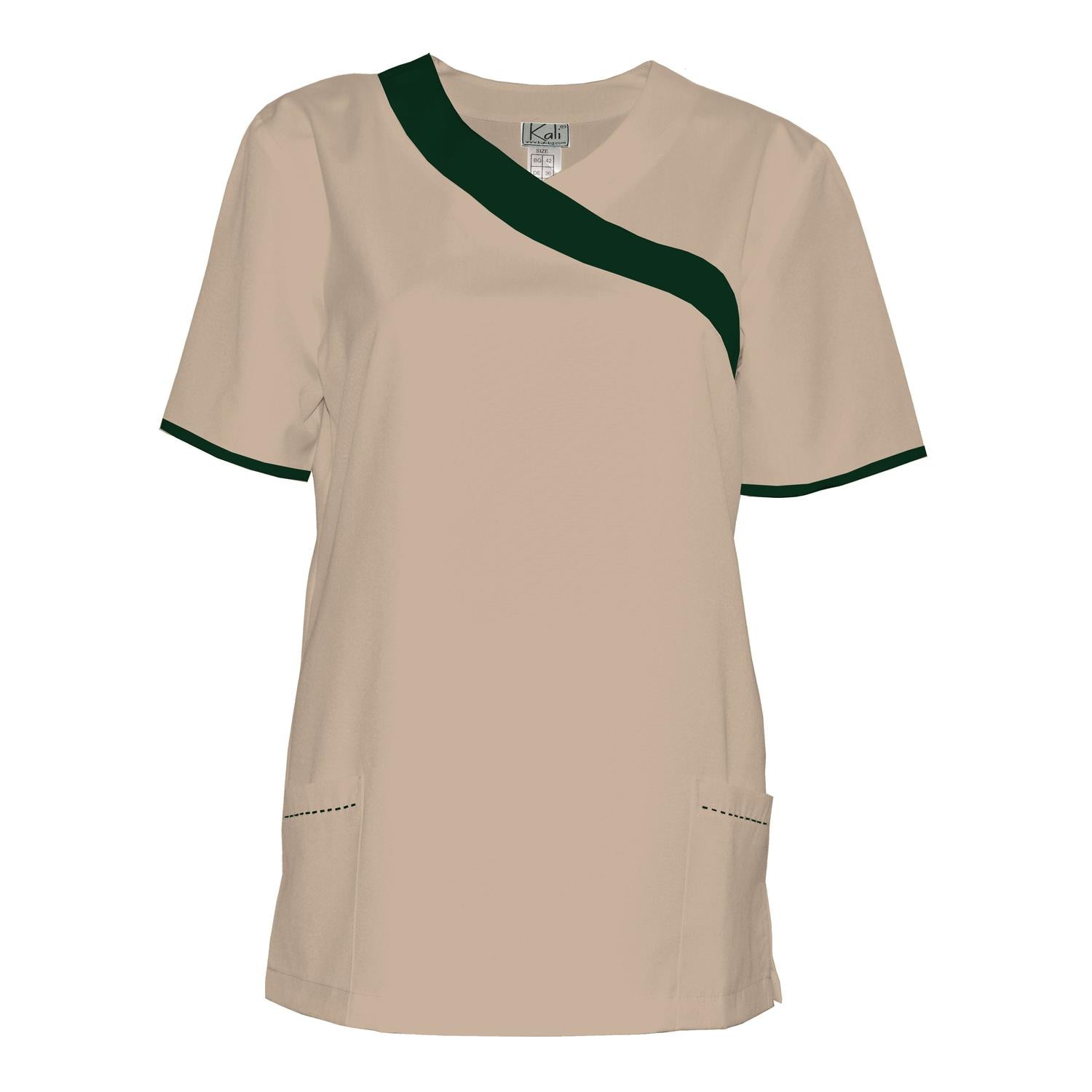Дамска туника - цвят бежов с маслено зелена гарнитура, модел FVDL – Медицински облекла Кали