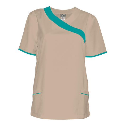 Дамска туника - цвят бежов с морско зелена гарнитура, модел FVDL – Медицински облекла Кали