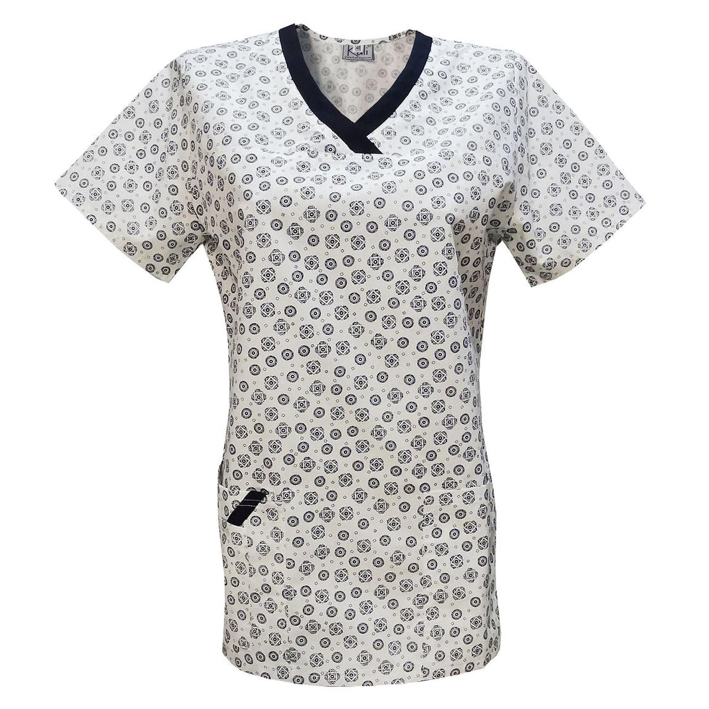 Дамска вталена туника - екрю щампа, модел FVE – Медицински облекла Кали