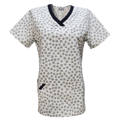 Дамска вталена туника - екрю щампа, модел FVE – Медицински облекла Кали