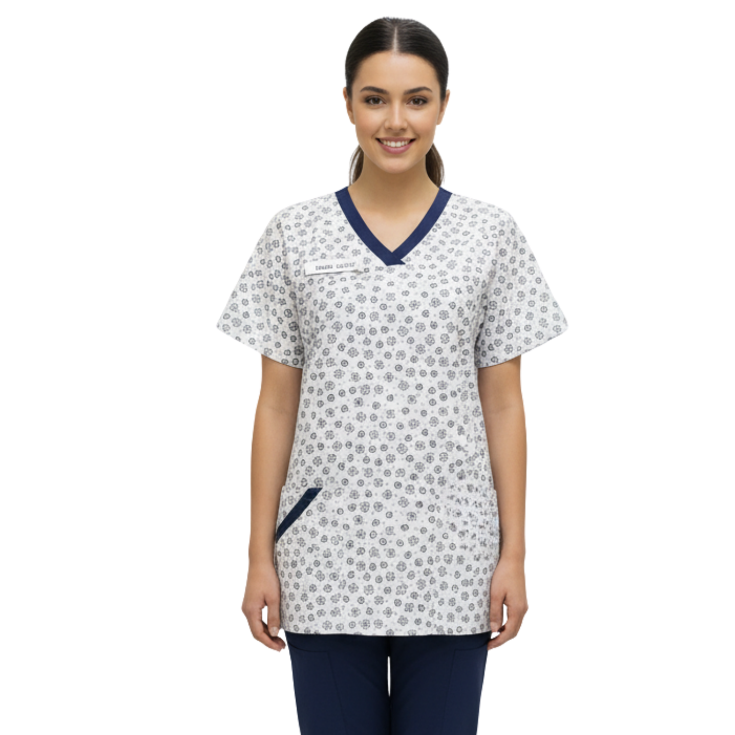 Дамска вталена туника - екрю щампа, модел FVE – Медицински облекла Кали