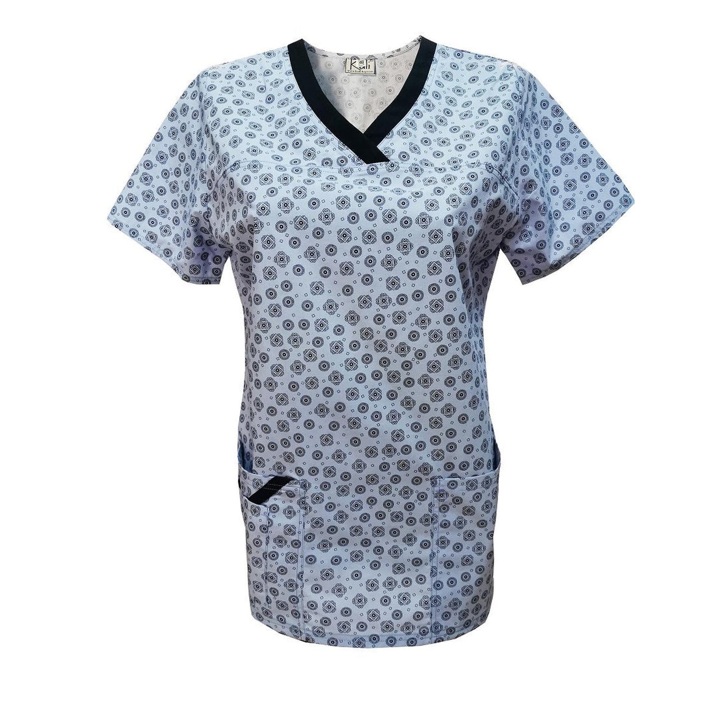 Дамска вталена туника - светло синя щампа, модел FVE – Медицински облекла Кали