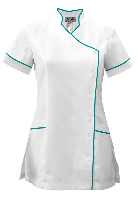 Women's white tunic with side fastening and trim - sea green color, model F207-4A