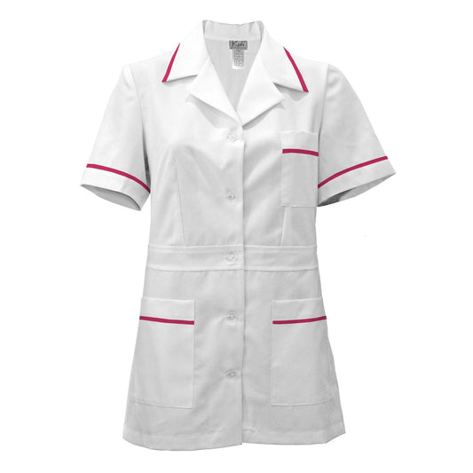 Women's white tunic with trim - cyclamen color, model F230-1