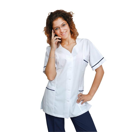 Women's white tunic with trim - color navy blue, model FTSoft