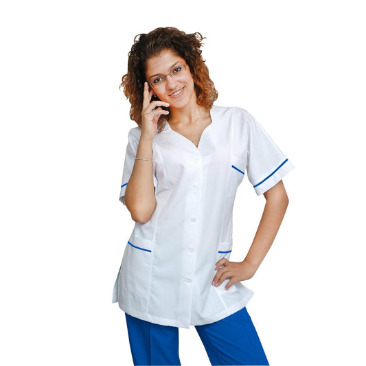 Women's white tunic with trim - royal blue color, model FTSoft