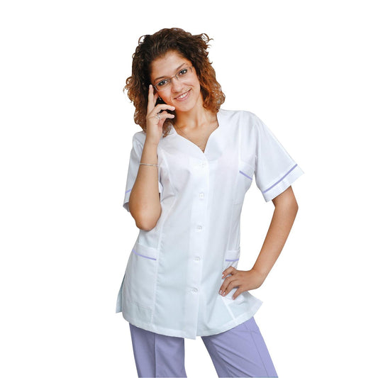 Women's white tunic with trim - purple color, model FTSoft