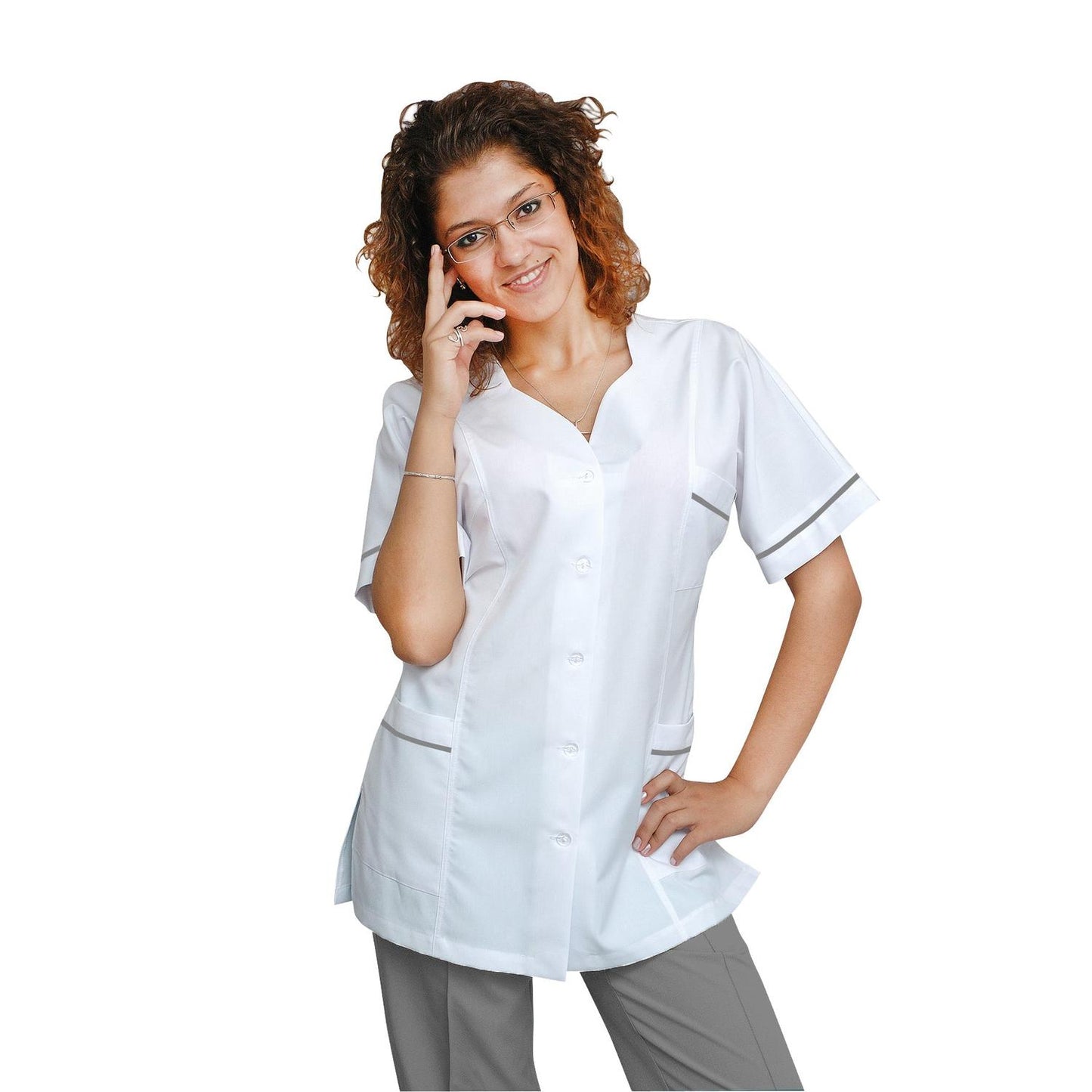 Women's white tunic with trim - light gray color, model FTSoft