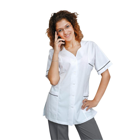 Women's white tunic with trim - dark gray color, model FTSoft