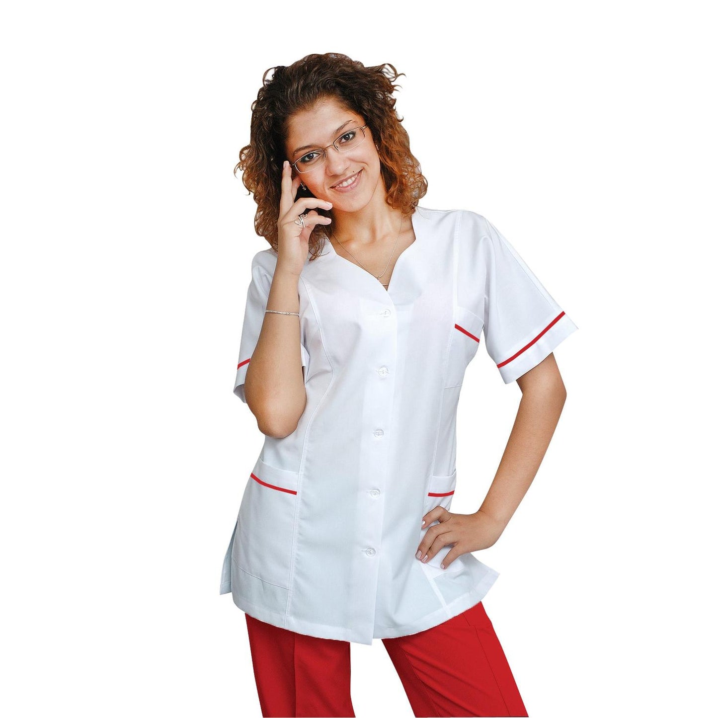 Women's white tunic with trim - color red, model FTSoft