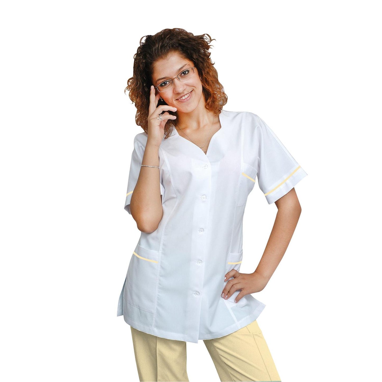 Women's white tunic with trim - lemon color, model FTSoft