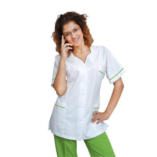 Women's white tunic with trim - pistachio color, model FTSoft