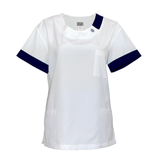 Women's white tunic with trim - color dark blue, model FUG