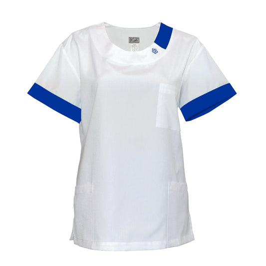 Women's white tunic with trim - royal blue color, model FUG