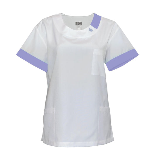 Women's white tunic with trim - purple color, model FUG