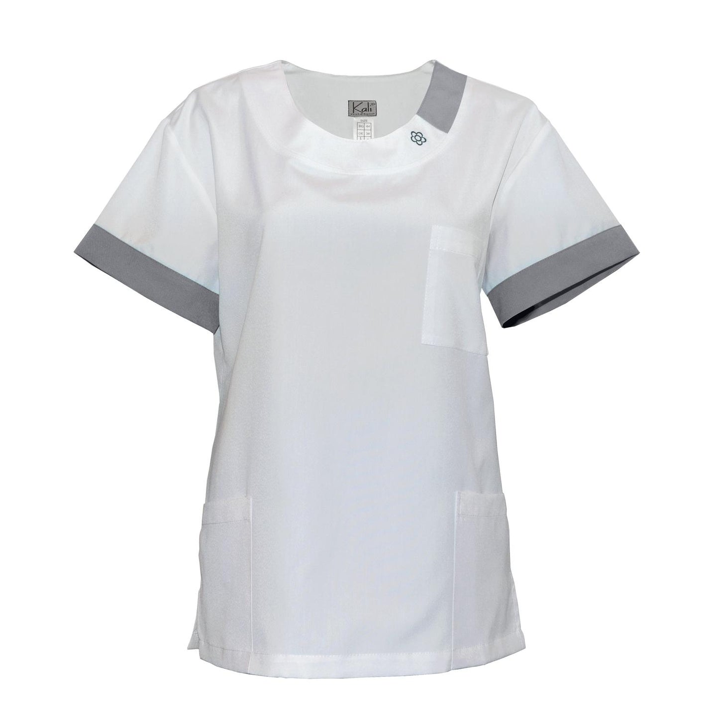 Women's white tunic with trim - dark gray color, model FUG