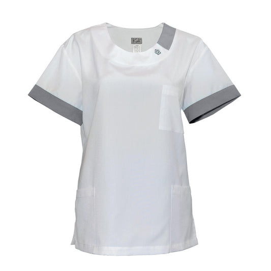 Women's white tunic with trim - dark gray color, model FUG