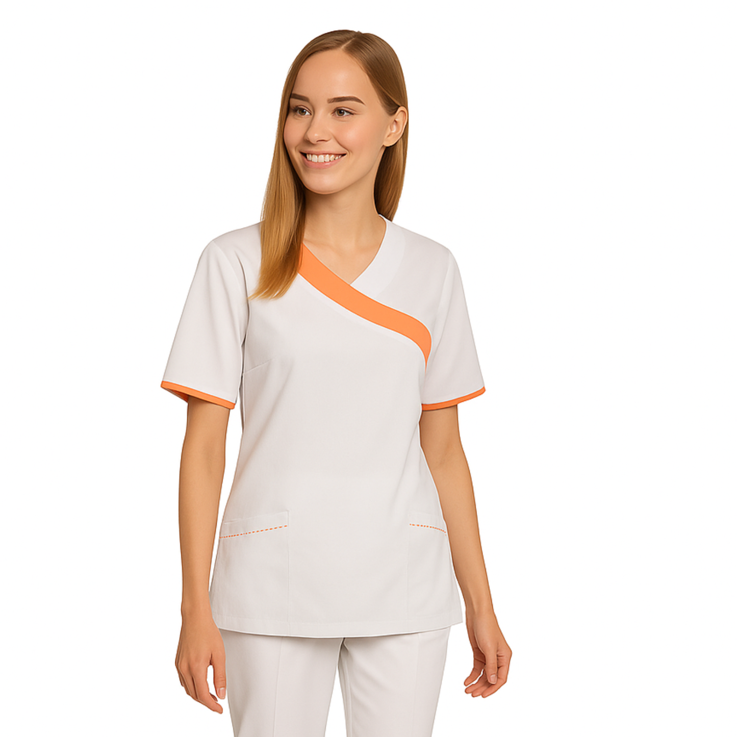 Women's white tunic with trim - banana color, model FVDL