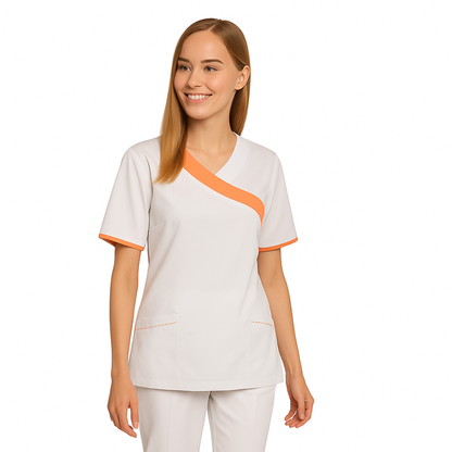 Women's white tunic with trim - banana color, model FVDL