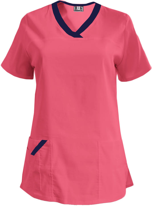 Women's elastic tunic - neon fuchsia color with navy blue trim, model FVE