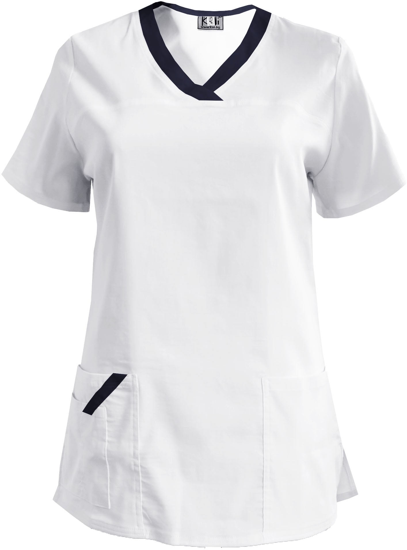 Women's elastic tunic - white with navy blue trim, model FVE