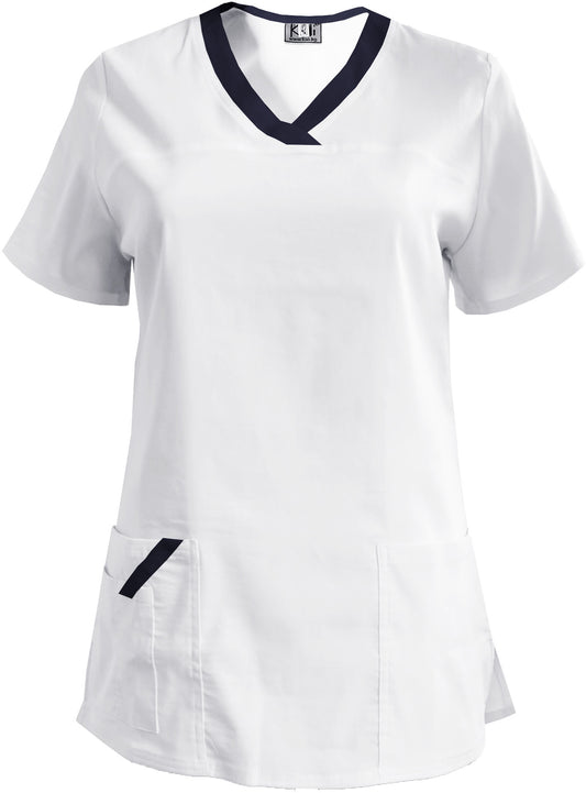Women's elastic tunic - white with navy blue trim, model FVE