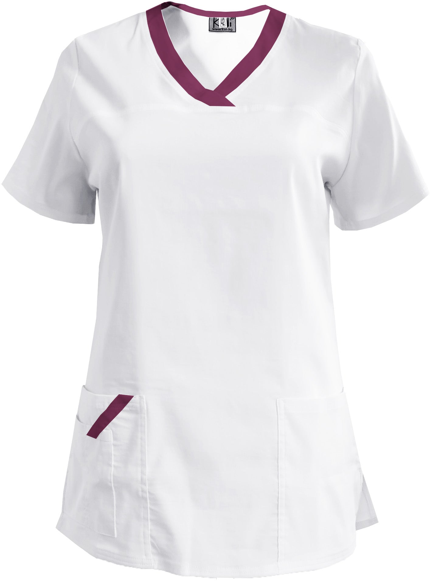 Women's elastic tunic - white with plum-colored trim, model FVE