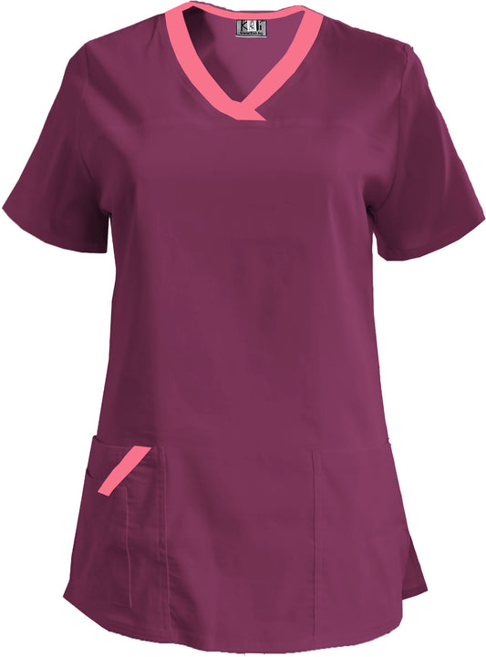 Women's elastic tunic - plum color with neon fuchsia trim, model FVE