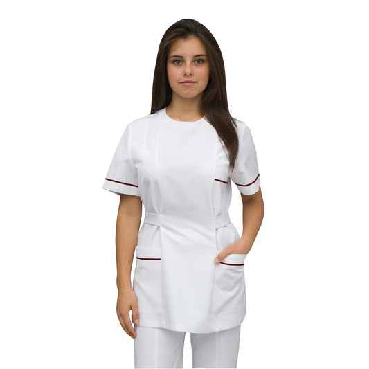 Women's white tunic with trim - wine color, model FZad