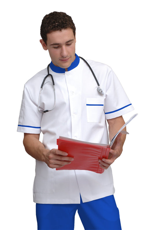 ORDER of men's white tunic with trim - color royal blue, model MS213-31