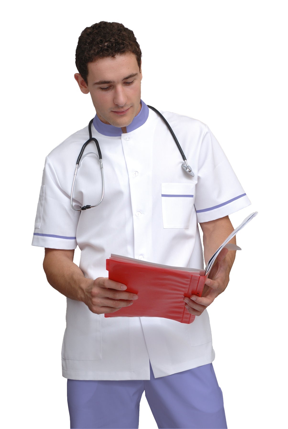 ORDER of men's white tunic with trim - color purple, model MS213-31