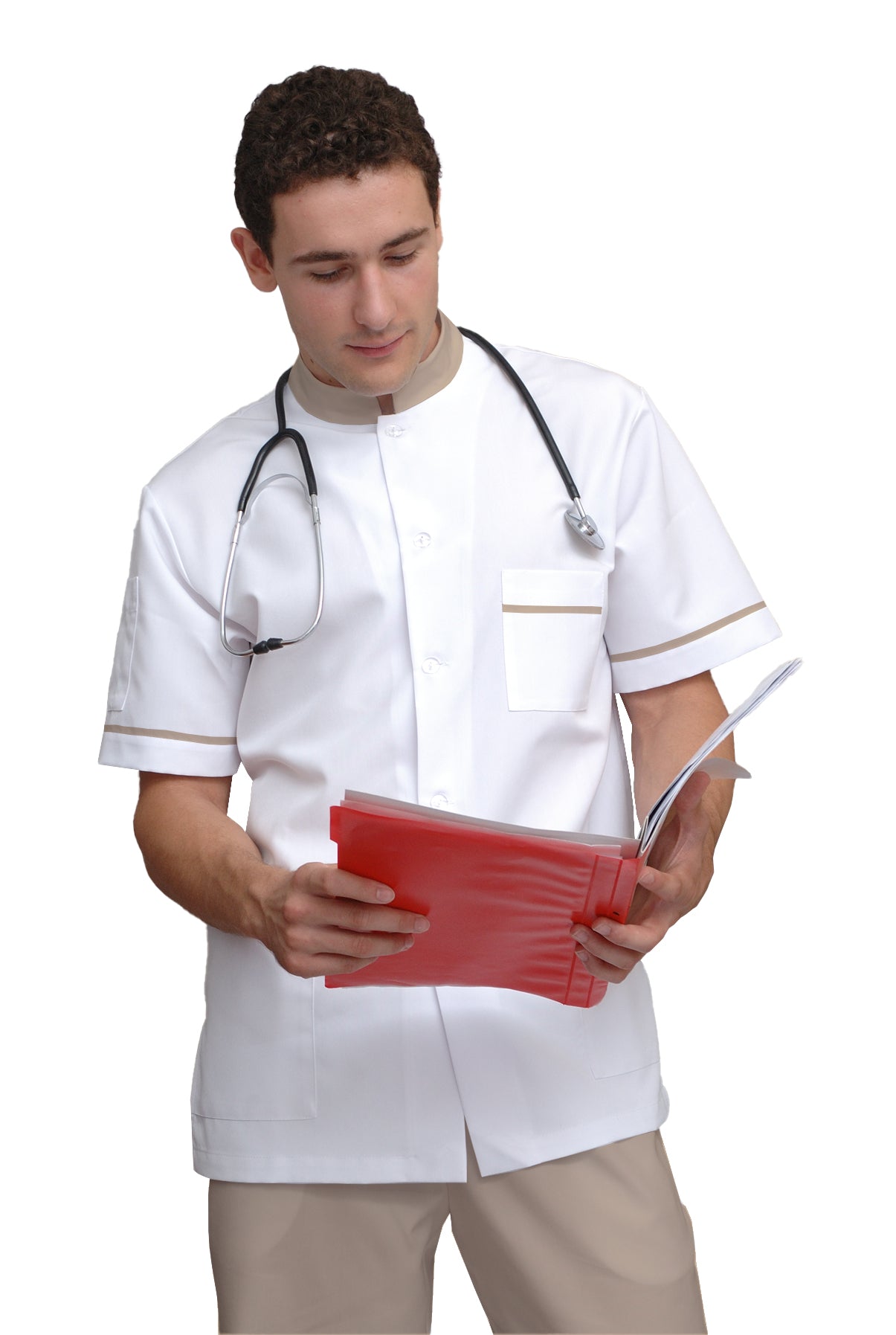 ORDER of men's white tunic with trim - beige color, model MS213-31