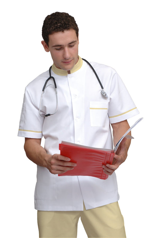 ORDER of men's white tunic with trim - lemon color, model MS213-31