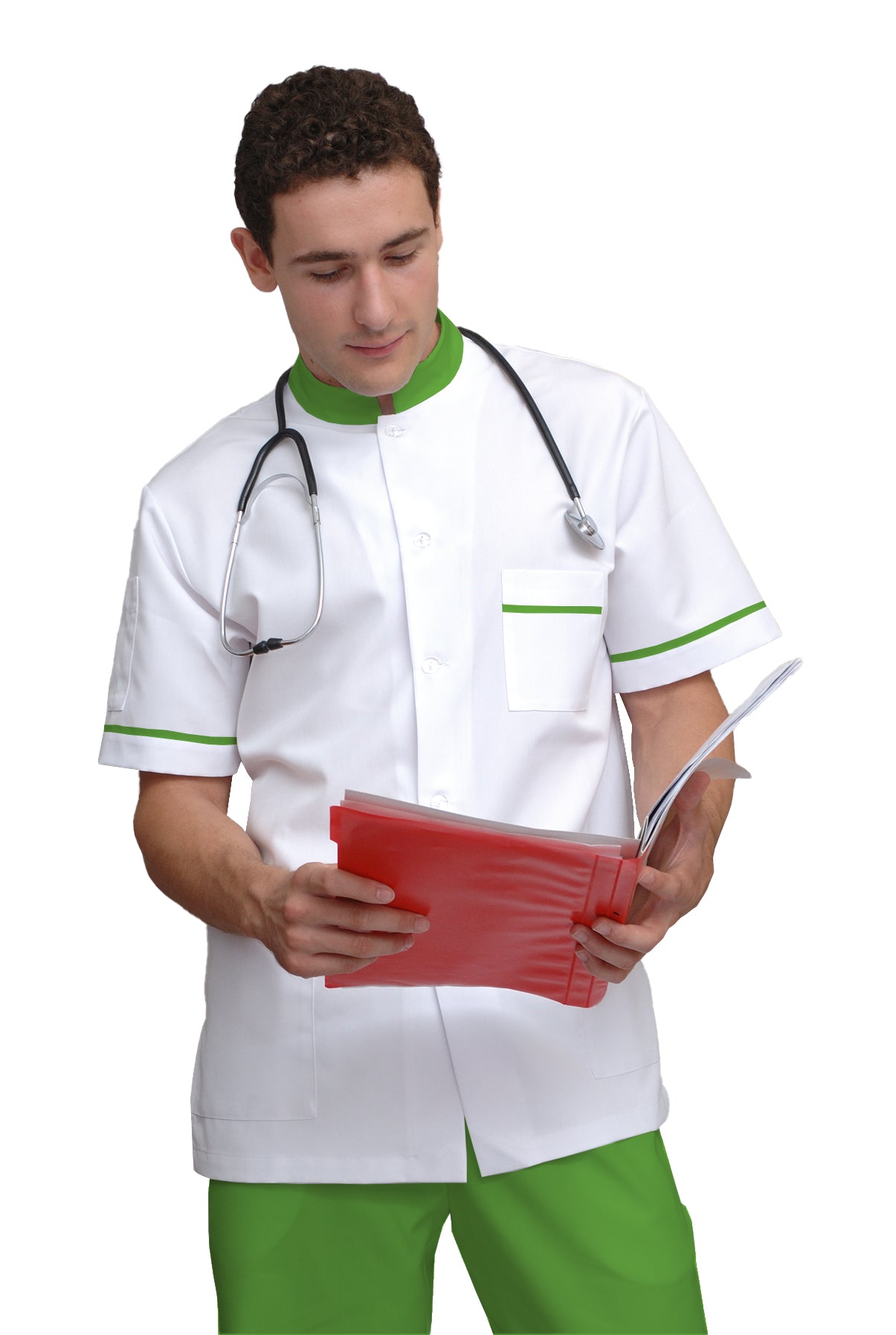 ORDER of a men's white tunic with trim - pistachio color, model MS213-31