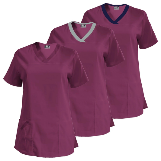 Пакет от 3 еластични туники - цвят слива, модел FVE – Медицински облекла Кали