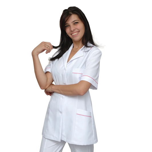 ПОРЪЧКА на дамска бяла туника с гарнитура - цвят розов, модел F222-2 – Медицински облекла Кали