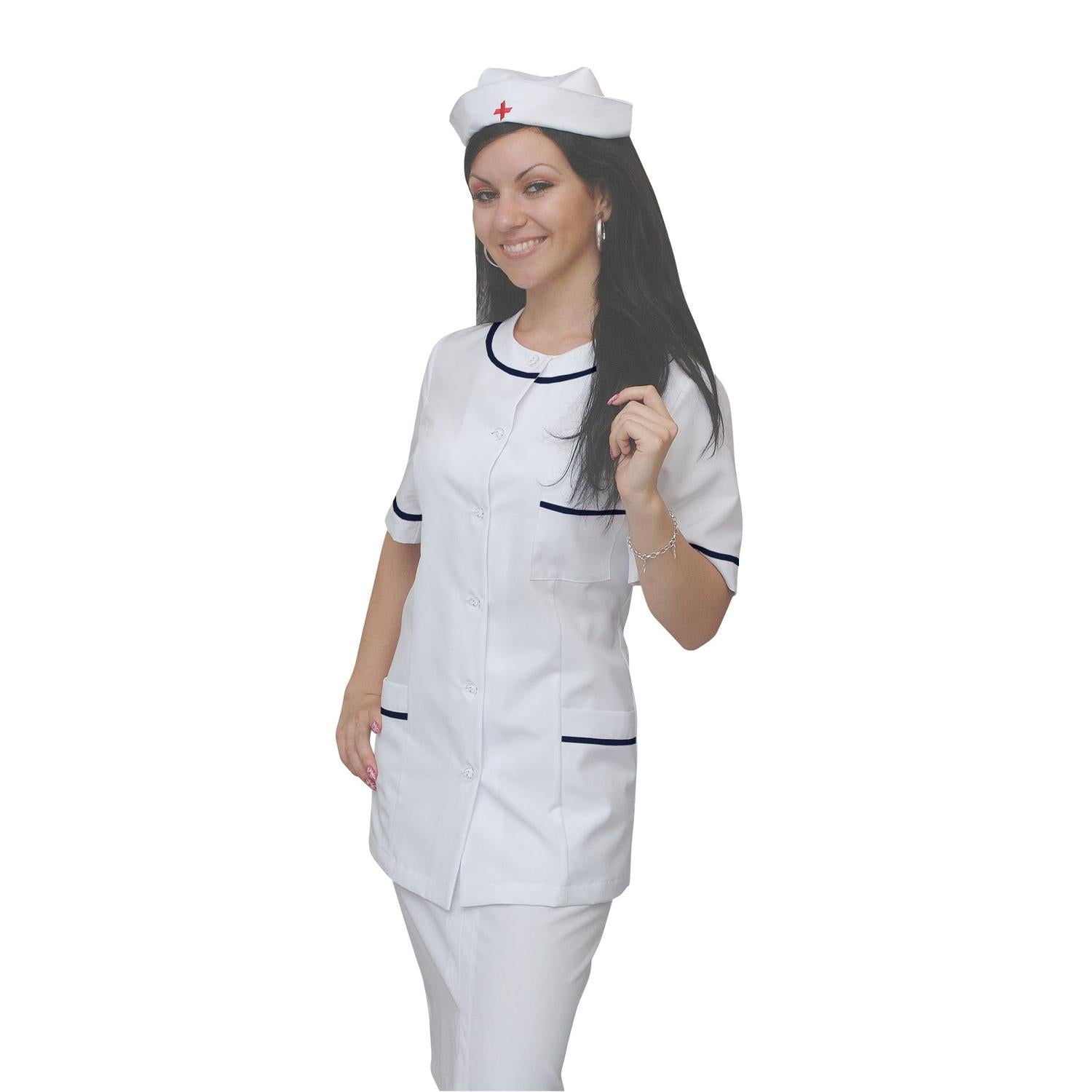 ПОРЪЧКА на дамска бяла туника с гарнитура - цвят тъмносин, модел F222-2U – Медицински облекла Кали