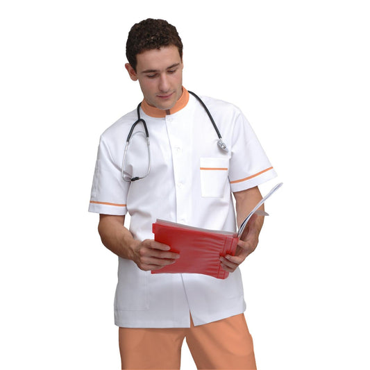 ПОРЪЧКА на мъжка бяла туника с гарнитура - цвят бананов, модел MS213-31 – Медицински облекла Кали