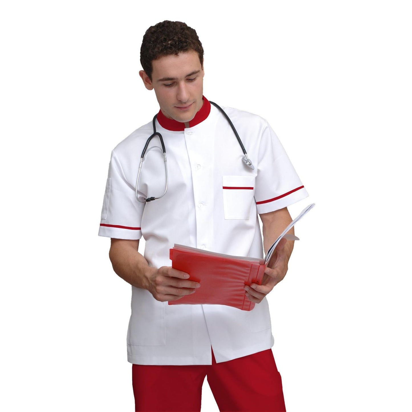 ПОРЪЧКА на мъжка бяла туника с гарнитура - цвят червен, модел MS213-31 – Медицински облекла Кали