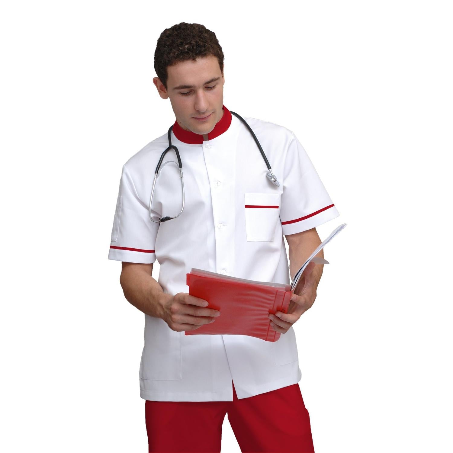 ПОРЪЧКА на мъжка бяла туника с гарнитура - цвят червен, модел MS213-31 – Медицински облекла Кали