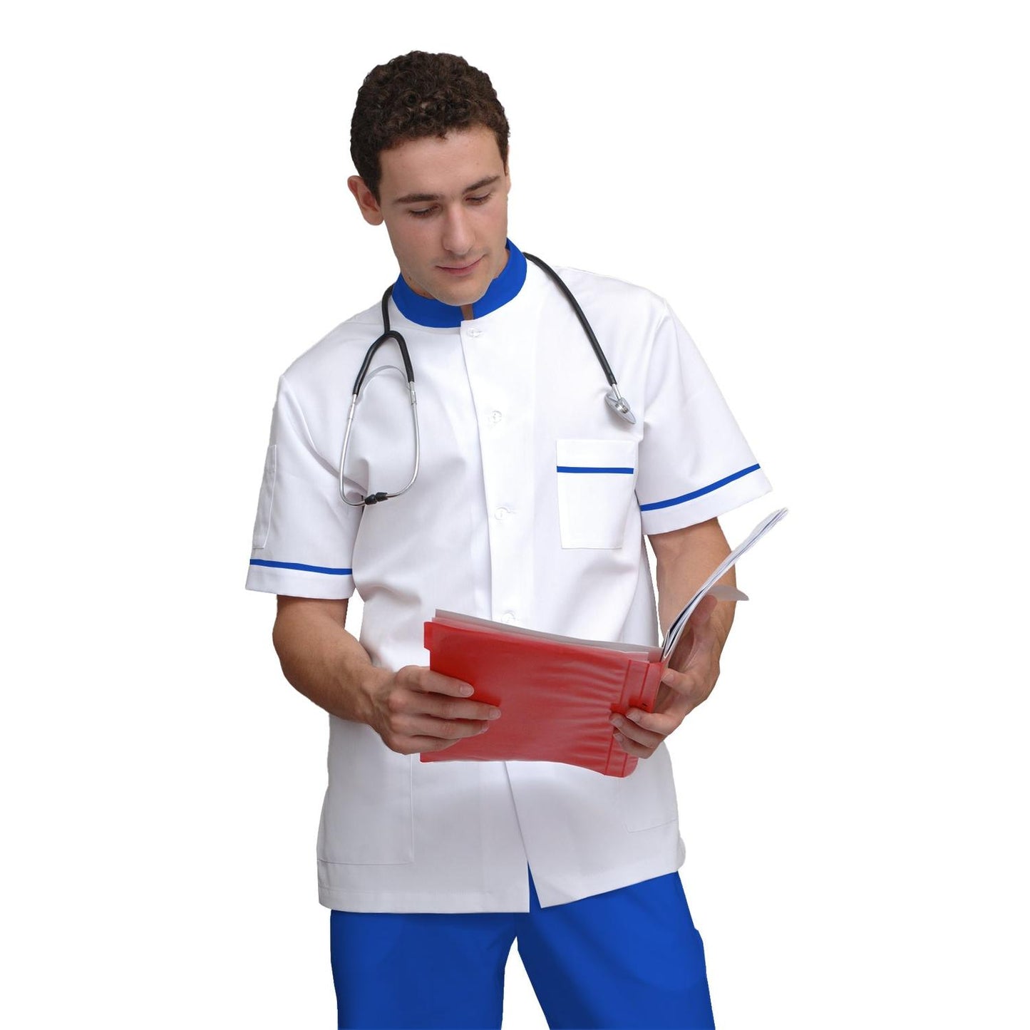 ПОРЪЧКА на мъжка бяла туника с гарнитура - цвят кралско син, модел MS213-31 – Медицински облекла Кали