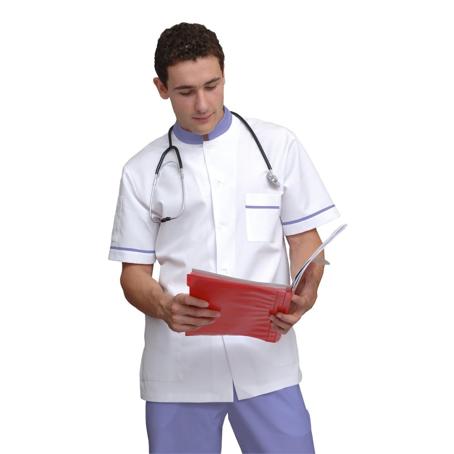 Мъжка бяла туника с гарнитура - цвят лилав, модел MS213-31 – Медицински облекла Кали