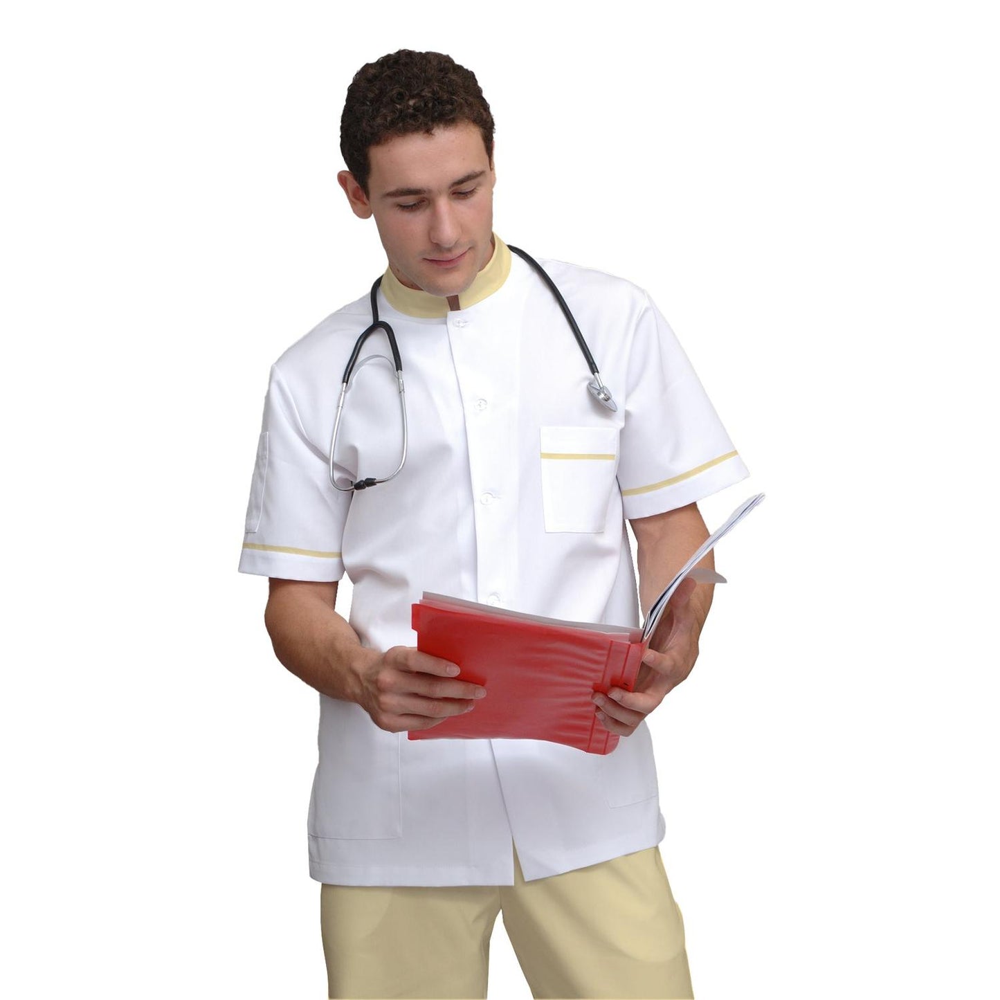 ПОРЪЧКА на мъжка бяла туника с гарнитура - цвят лимонов, модел MS213-31 – Медицински облекла Кали