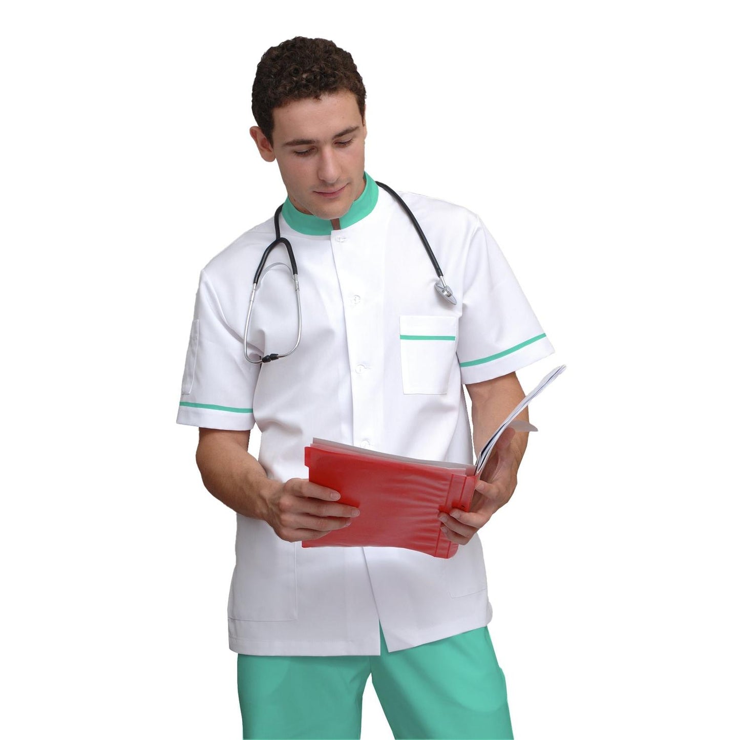 ПОРЪЧКА на мъжка бяла туника с гарнитура - цвят мента, модел MS213-31 – Медицински облекла Кали