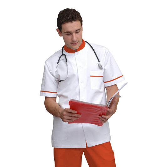 Мъжка бяла туника с гарнитура - цвят оранжев, модел MS213-31 – Медицински облекла Кали