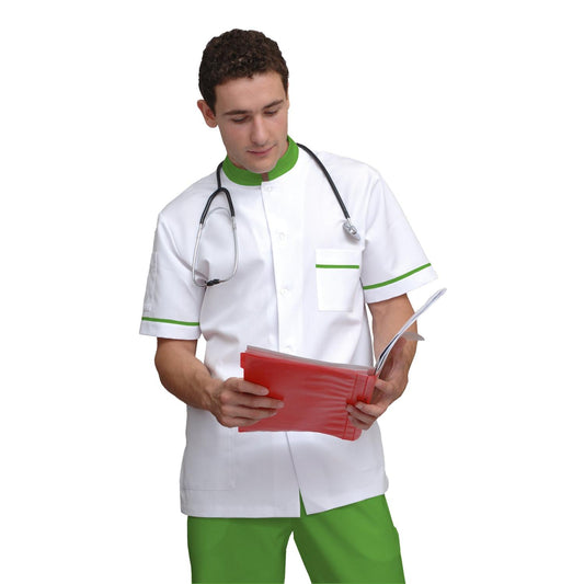 ПОРЪЧКА на мъжка бяла туника с гарнитура - цвят шам фъстък, модел MS213-31 – Медицински облекла Кали