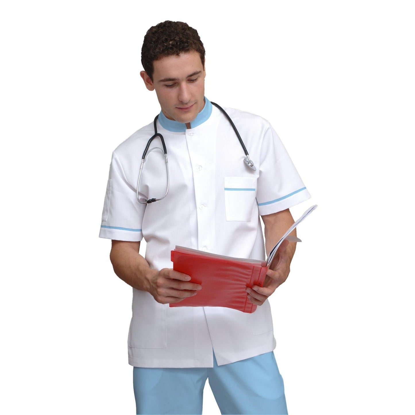 Мъжка бяла туника с гарнитура - цвят светло син, модел MS213-31 – Медицински облекла Кали