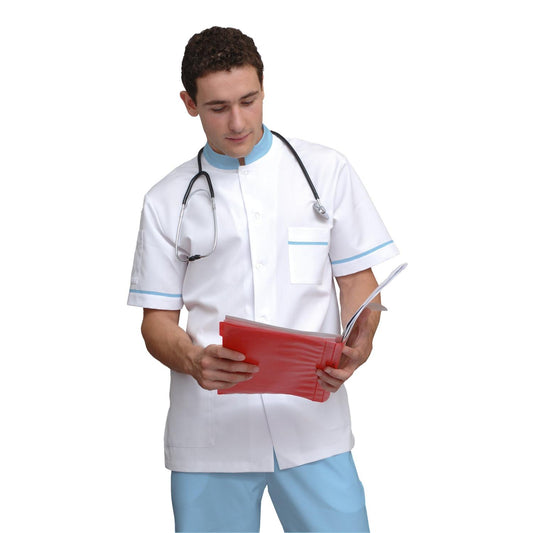 Мъжка бяла туника с гарнитура - цвят светло син, модел MS213-31 – Медицински облекла Кали