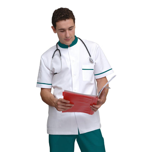 Мъжка бяла туника с гарнитура - цвят тъмно морско зелен, модел MS213-31 – Медицински облекла Кали